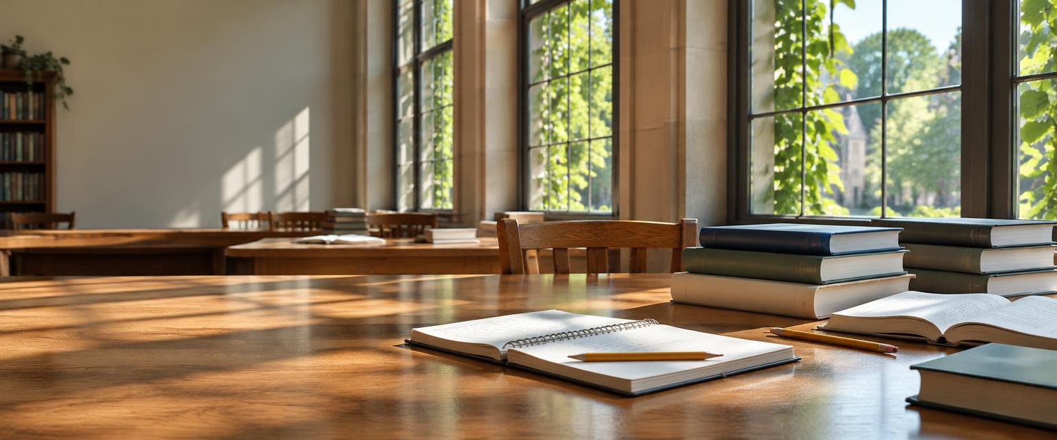 Books and an open notebook in a sunlit university library